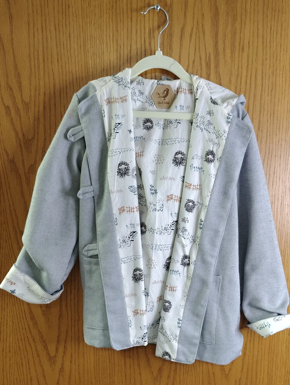 Children's Light Gray Hooded Toggle Coat with Printed Lining